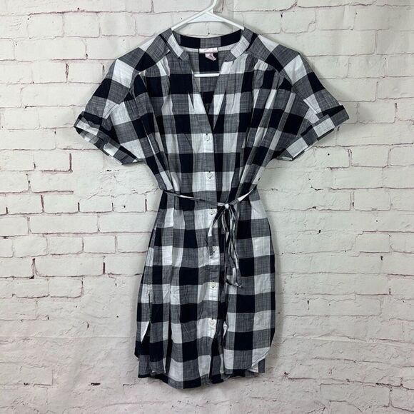 Isabel Maternity Shirt Womens Medium M Blouse Top Plaid Button Up Tie Navy Blue - Picture 1 of 8